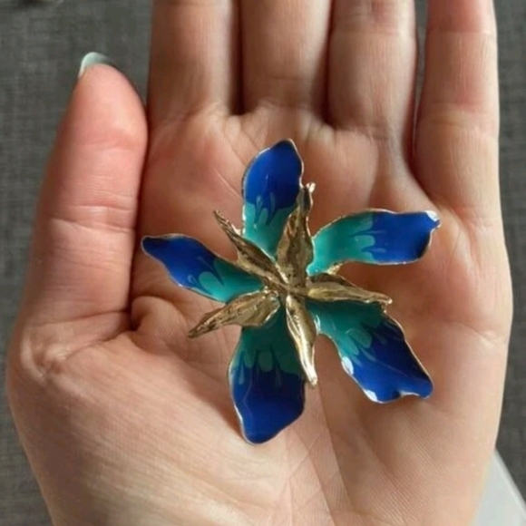 Gold Flower statement Flower Earrings Blue teal Boho Big Floral Stud 💖2/$30 - Picture 9 of 10